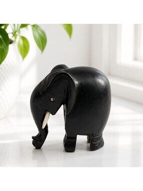 Hand-Carved Black Wooden Elephant Figurine With Tusk Detail - 3" Tall - Unique D